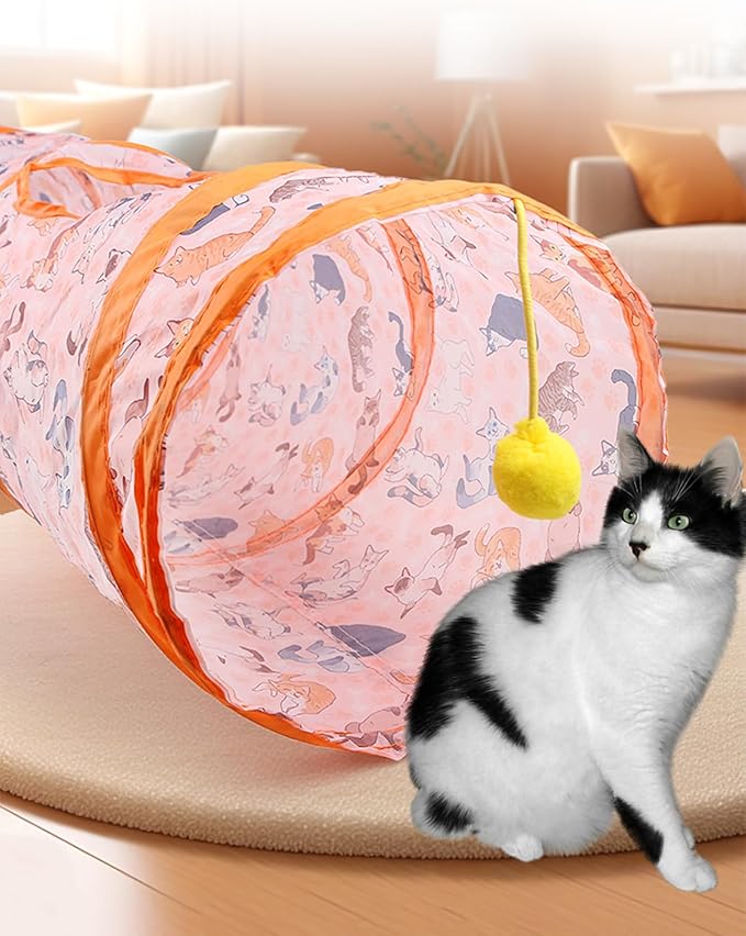 Collapsible S-Shape Cat Tunnel with Play Ball, Interactive Maze Hideaway Toy for Indoor Kittens, Puppies & Rabbits, Fun Kitten Pattern Pet Activity Tunnel