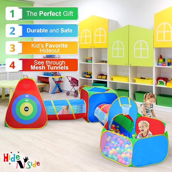 Hide N Side 5pc Kids Ball Pit Tents and Tunnels, Toddler Jungle Gym Play Tent with Play Crawl Tunnel Toy, for Boys Babies Infants Children, Indoor Outdoor Gift, Target Game w/ 4 Dart Balls
