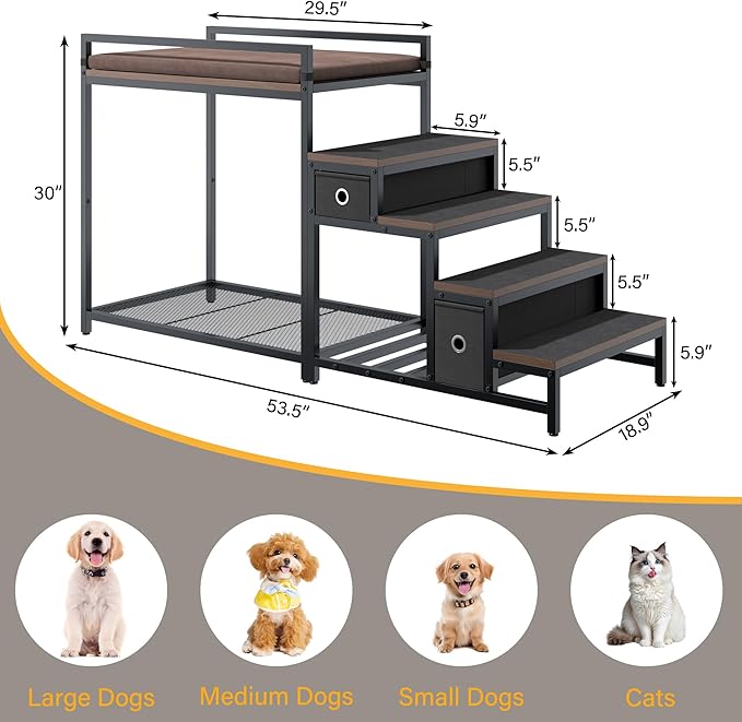 kepptory Pet Bunk Bed with Stairs and Storage, Pet Window Perch with Seat Cushion, Bedside Dogs Cot for Small, Medium Cats & Dogs, Pet Stairs Ramp(Brown)