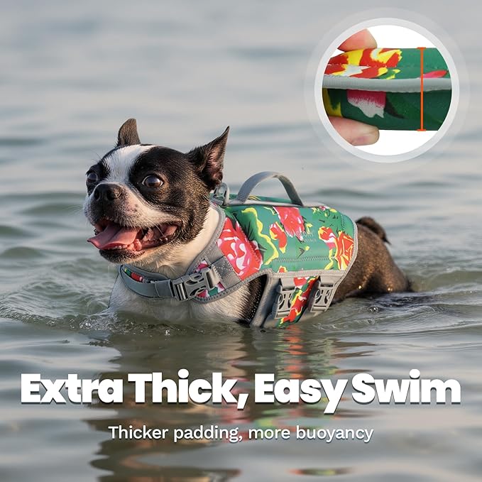 VIVAGLORY High Buoyancy Dog Life Vest, Swimming Vest with Handle, Dog Life Jacket for Swimming & Boating, Buoyancy for Puppy Doggy, S, Northeast Florals-Green