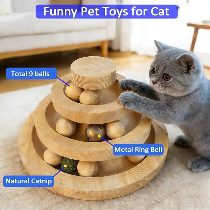 Solid Wood Cat Ball Track,Heavy Duty 3-Tier Interactive Cat Toy Tower with 9 Removable Balls,Bell & Catnip,No Assembly Required,Anti-Tip Sturdy Base for Indoor Cats, Kittens & Large Cats