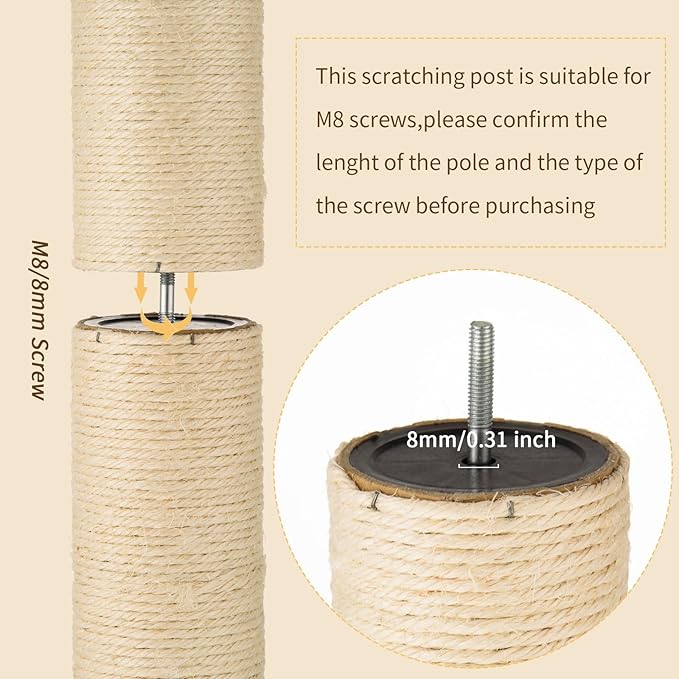 2 Root Cat Scratching Post Replacement 13.78x3.54 Cat Tree Scratch Post Replacement Natural Sisal Pole Cat Scratch Post Refill Pole Part with M8 Screws for Kitten Tree Tower Cat Furniture Accessories