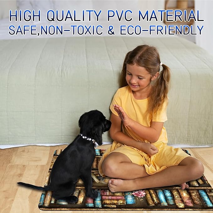 Dog Food Mat, 19.6" x 23.6" Absorbent Pet Feeding Mat for Food and Water, Waterproof Diatom Mud Pet Placemat with Non-Slip Rubber Backing, Easy Clean Cat Bowl Mat for Floors - Book Blue