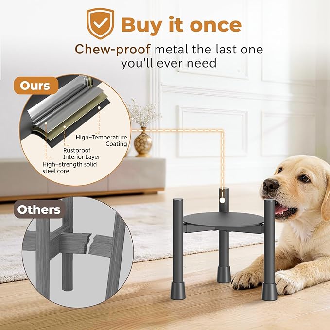 Oppro Single Elevated Dog Bowl Stand for Small Medium Breed, Adjustable Width 6-10in, 10in Tall Non-Slip Metal Raised Puppy Food Feeder Water Holder, Fits Various Size Ceramic Stainless Steel Pet Bowl