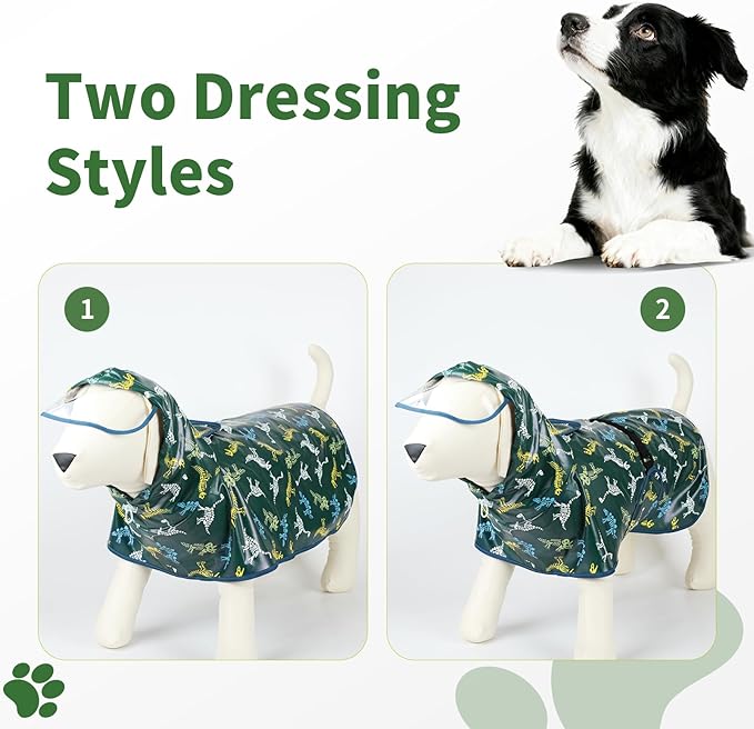 Dog Raincoat, Waterproof Windproof Dog Rain Jacket with Hood, Rain Coat with Leash Hole, Adjustable Raincoat Poncho for Small Medium Large Dogs Outdoor (Green, L)