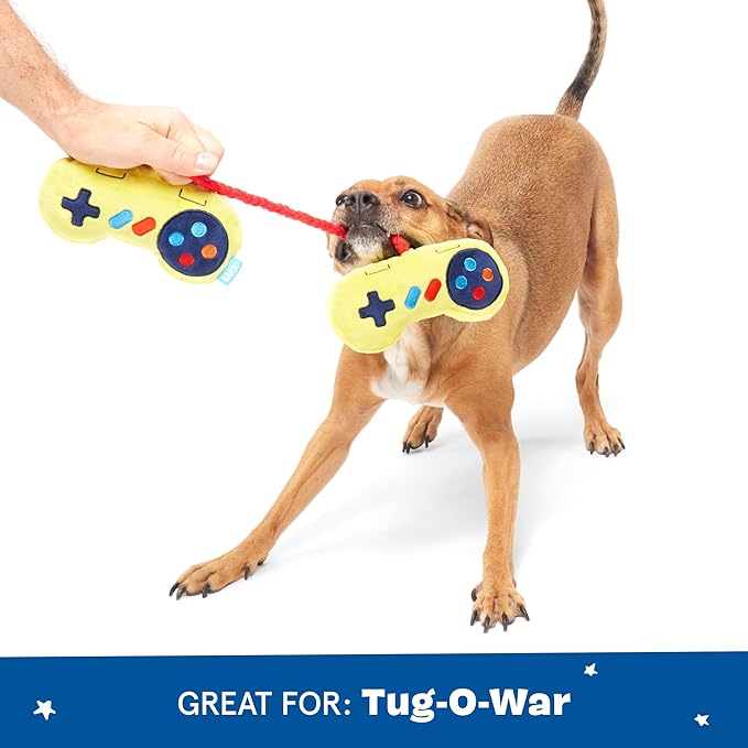 Barkbox Ate-Bit Tug Dog Toy | Plush Tug Toy with T-Shirt Rope, 2 Squeakers & Crinkle | Retro Interactive Tug & Play Toy for Dogs