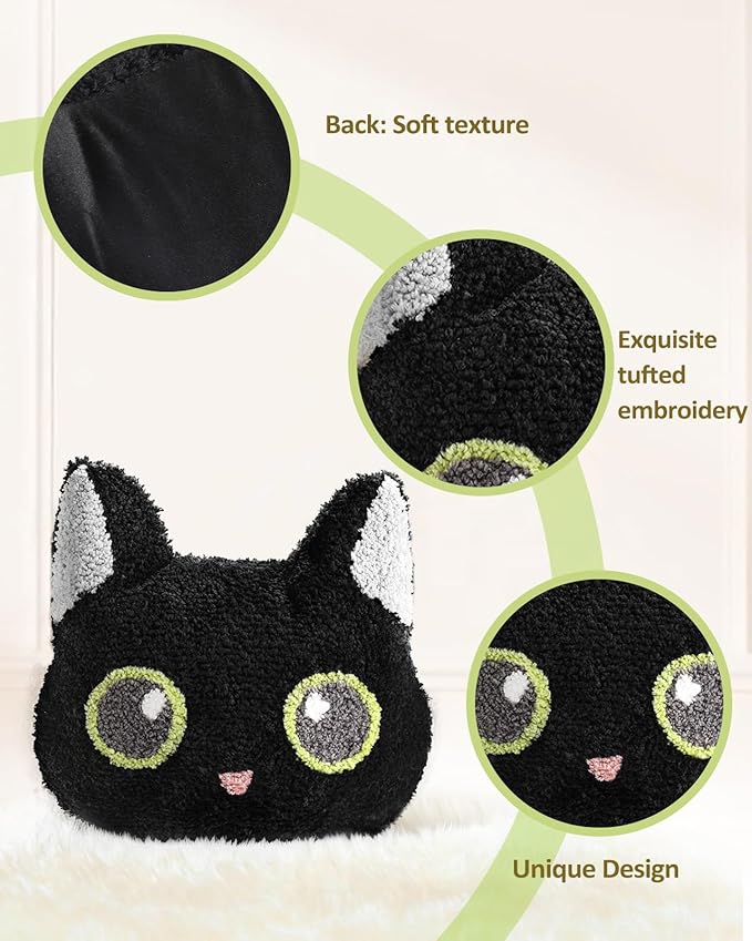 Black Cat Shaped Throw Pillow - Cute Decorative Plush Throw Pillow for Couch, Sofa, or Living Room, 13" x 13" Soft Stuffed Cushion for Home Decor