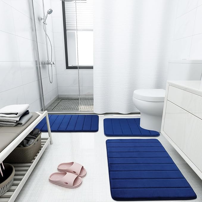 Buganda Memory Foam Bath Mat, 47" x 17", Ultra Soft and Non-Slip Bathroom Rugs, Water Absorbent and Machine Washable Bath Rug Runner for Bathroom, Shower, and Tub, Navy Blue