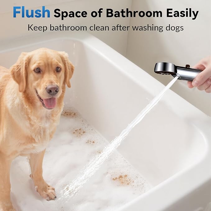 Dog Shower Attachment, 3 Mode Handheld Sprayer with ON/OFF Switch, G1/2" 3-Way metal Diverter, 100 Inches Stainless Steel Hose, No Drill Holder, for Pet and Dog Washing in Bathroom