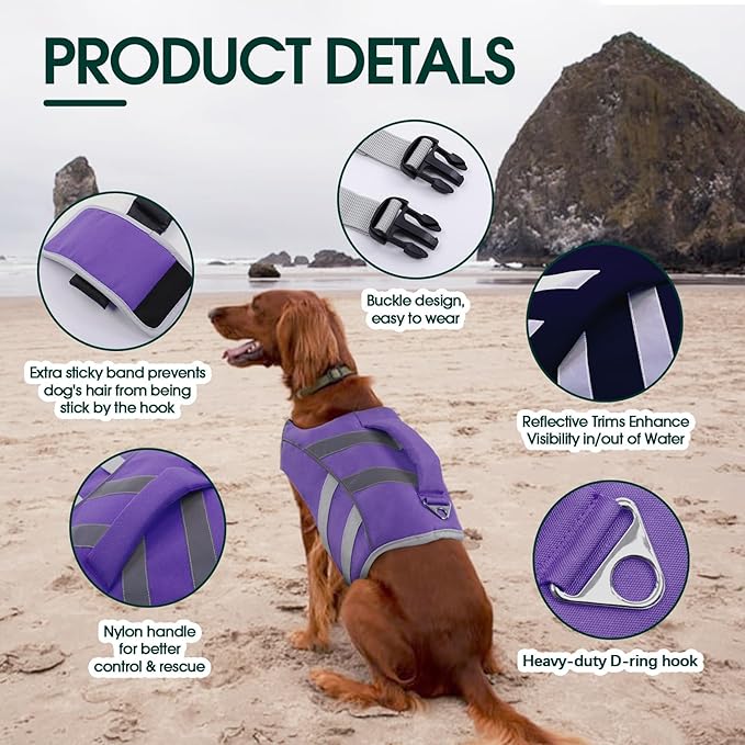 Kuoser Dog Life Jacket with Reflective Stripes, Dog Life Vest for Swimming Boating, Adjustable Pet Lifejackets with High Flotation, Doggie Swimsuit for Small Medium Large Dogs