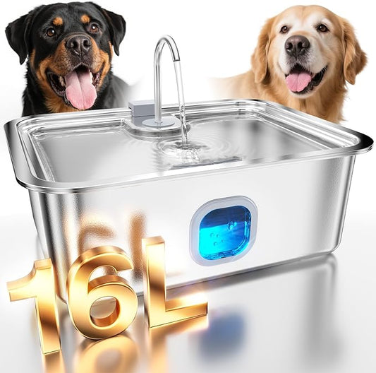 4.2Gal Dog Water Fountain for Large Dogs, 16L Stainless Steel Large Dog Fountain Water Bowl with Deeper & Wider Drinking Tray, Automatic Pet Water Dispenser with Visible Window for Multi-Pets Families