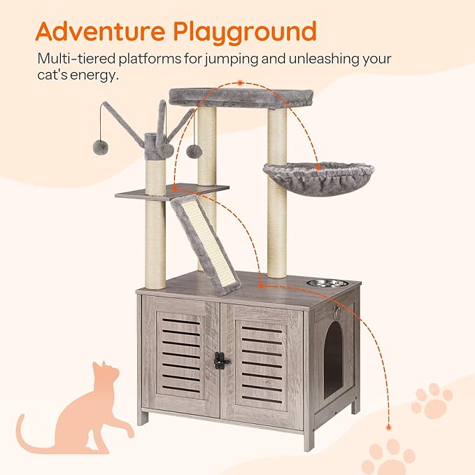 HOOBRO Cat Tree with Litter Box Enclosure, 44" Tall Wooden Cat Tower with Scratching Posts, Cat Hammock, Hidden Litter Box Furniture, All-in-One Indoor Cat Condo, Greige BG48MZ03