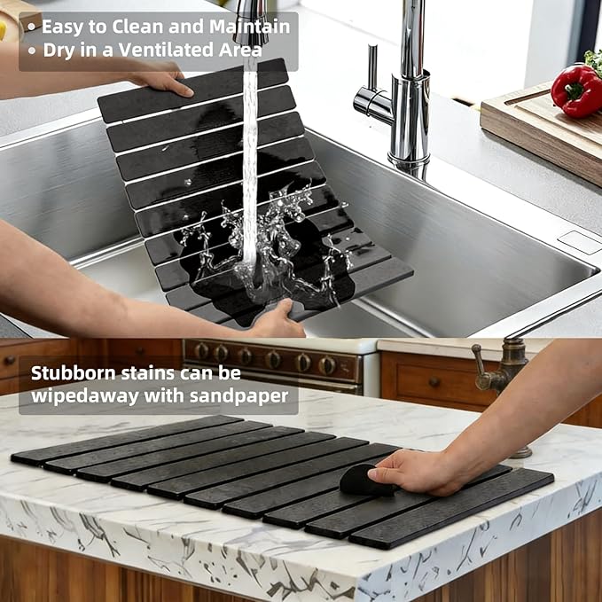 Stone Dish Foldable Drying Mat - Super Absorbent Fast Drying Stone Mat for Kitchen Counter, Dish, Pet Bowl & Plant Pot - Eco-Friendly, Non-Slip, Easy to Clean,16×12 Inches (Dark Gray)