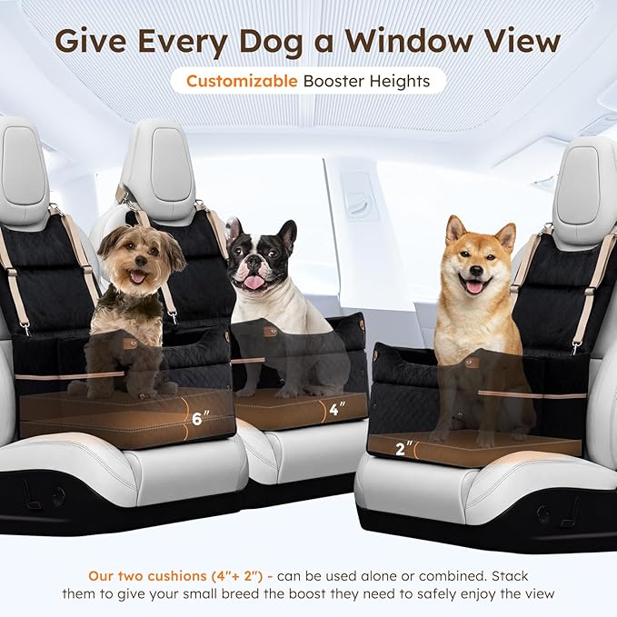 ZOMISIA Elevated Dog Car Seat for Medium Dogs, 3 Adjustable Heights with 2 Egg Crate Foam Boosters 4"+2", Dual-Sided Cooling&Plush Waterproof Cover, 2 Safety Leashes & Buckles, Beige