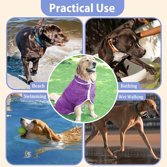 Dog Bathrobe Towel Dog Drying Coat - Super Absorbent Towels Bath Robe for Dogs Large, Soft Adjustable Collar & Belly Strap Fast Drying Coat Pet Cat Bath Robe (Violet, XX-Large)