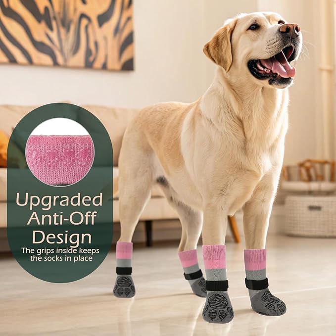 EXPAWLORER Anti Slip Dog Socks to Prevent Licking Paws, Dog Shoes for Hot Pavement, Dog Booties for Hardwood Floors, Dog Boots & Paw Protectors with Grippers for Small Medium Large Senior Dogs Pink L