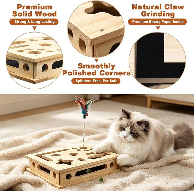 Cat Nail File Scratcher with Sandpaper Stress-Free Alternative to Trimming Nails, 2026 New Cat Scratch Puzzle Enrichment Box, Advanced Claw Saver Box for Cats with 1 Teaser Wand and 2 Catnip Balls