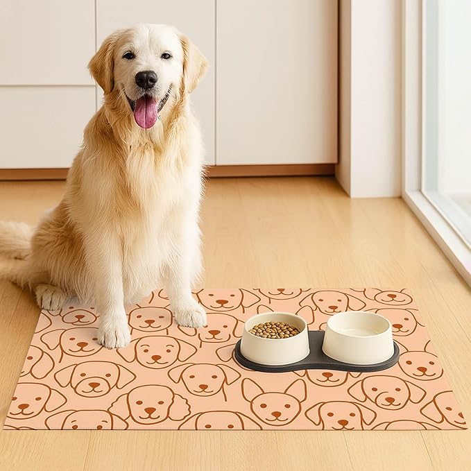 HOMETITUTE Adorable Cute Dog Faces Pattern Pets Food Mat Spill-Proof Pets Feeding Mats Cats Food and Water Bowl Pet Easy Clean Fast Dry Pet Mats for Foods and Water Mat for Cat Dogs 20" x 12"