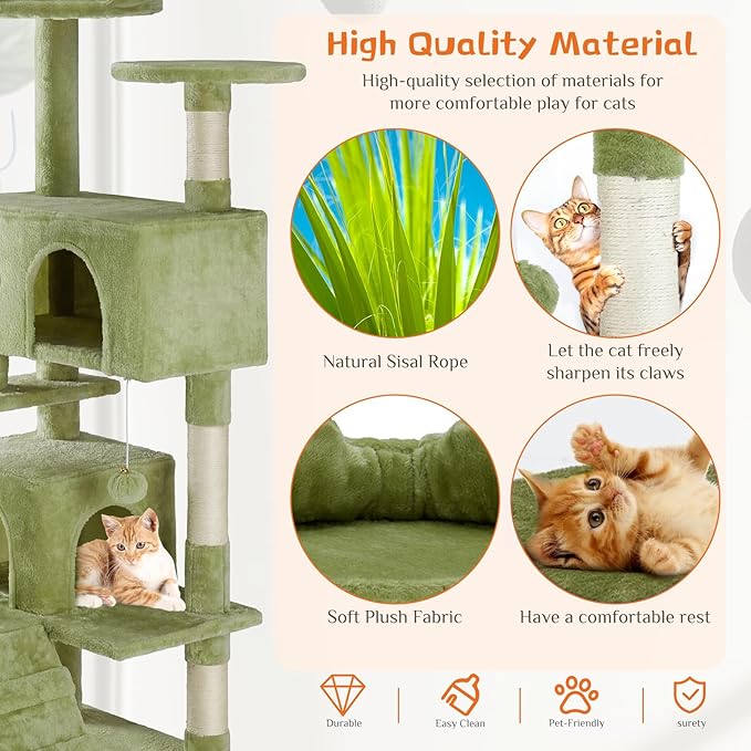 Sweetcrispy 54 Inch Cats Tree Tower, Multi-Level with Cat Scratching Post, Indoor Cat Condo with Climbing Ladder, Plush Toy, Play House for Cats, Green