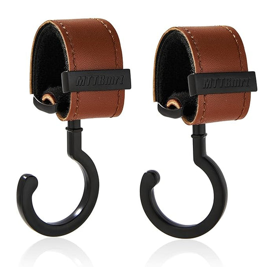 2 Pack Stroller Hooks,Strong Synthetic Leather Hook-and-Loop Fastener&High-Quality Metal Hooks,Universal Bag Clip|360° Rotation, 66lb Capacity,Non-Slip-Fits Wheelchair(Brown-Black)