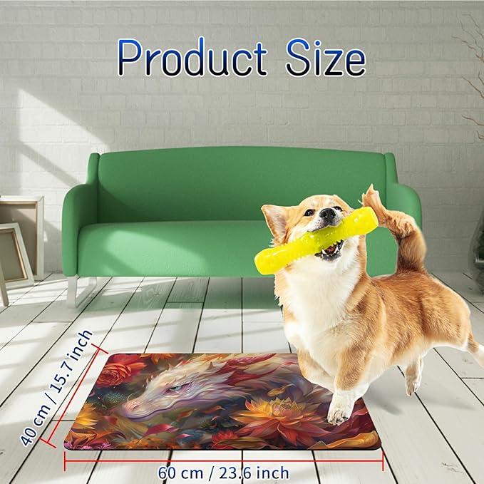 Dog Food Mat, 15.7" x 23.6" Absorbent Pet Feeding Mat for Food and Water, Waterproof Diatom Mud Pet Placemat with Non-Slip Rubber Backing, Cat Bowl Mat for Floors - Pink White Dragon