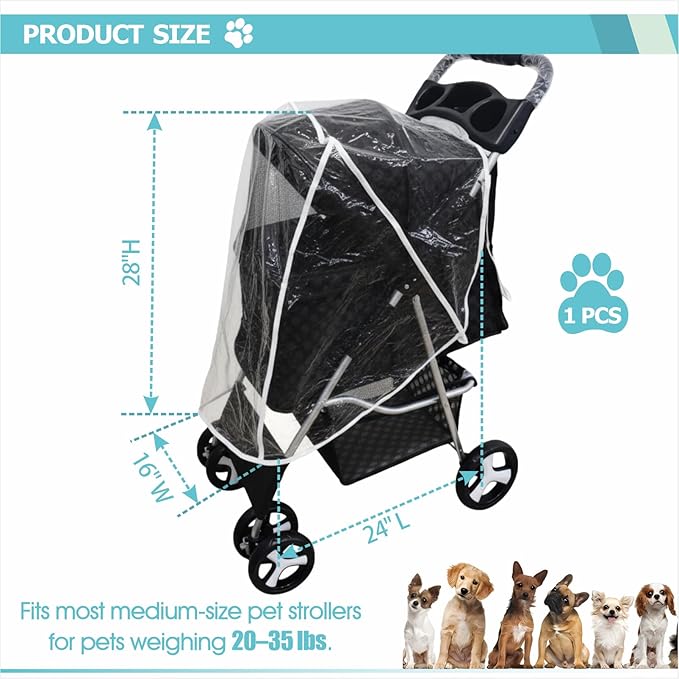 Pet Stroller Rain Cover PU Waterproof Windproof Clear Foldable Shield for Dog and Cat Strollers Outdoor Use (A)