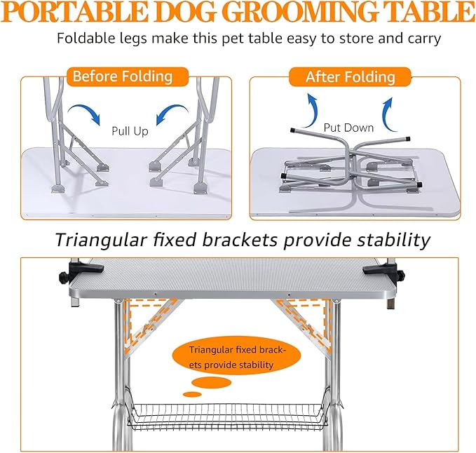Professional Dog Pet Grooming Table Adjustable Heavy Duty Portable w/Arm & Noose & Mesh Tray (Grey, 46")