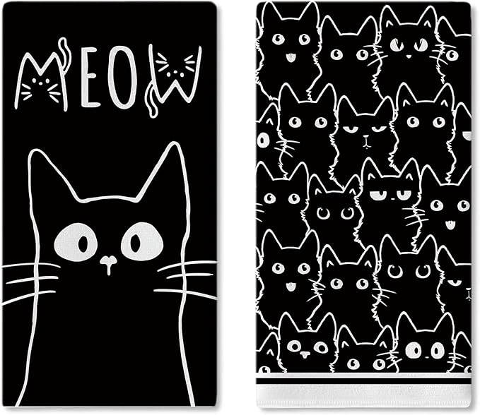 Black Cat Meow Kitchen Dish Towels Set of 2, Cute Kitten Drying Hand Towel Baking Cooking Cloth, Bathroom Home Decoration Pet Cat Owner Lover Gifts 18'' x 26''