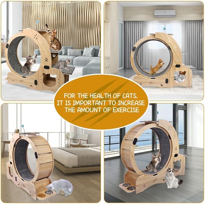 Upgraded Cat Exercise Wheel, Large Cat Treadmill with House, Wet Dry Bowl, Pedal Shelf, Hairball Toy, Cats Running Wheels for Indoor Cats (Wood)