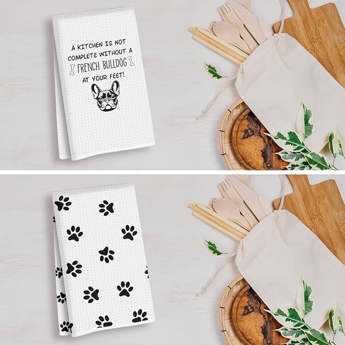2Pcs French Bulldog Dog Paw Kitchen Towels 24x14 Inch, French Bulldog Gifts for Woman Mom, Reusable Waffle Weave Microfiber Absorbent Hand Tea Dish Towels for Kitchen Bathroom Decor, Dog Lovers Gifts