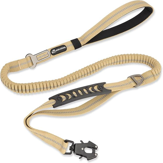 Heavy Duty Tactical Dog Leash, 4-6FT Shock Absorbing Tactical Leash with 2 Padded Handles, Metal Carabiner Clip,Car Seatbelt, Reflective Heavy Duty Leashes for Medium Large Dogs (Brown)