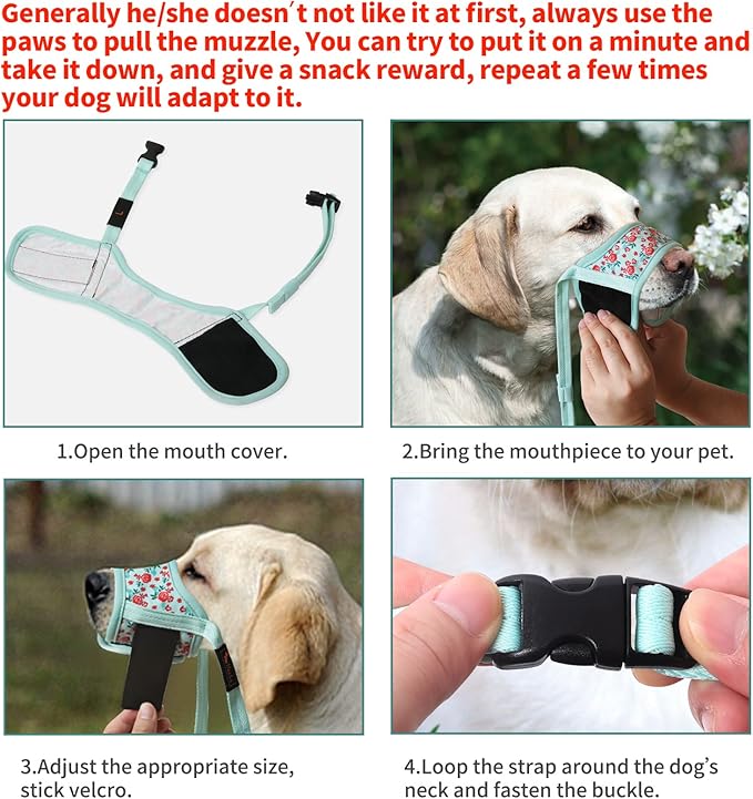 HEELE Dog Muzzle,Soft Nylon Muzzle Anti Biting Barking Chewing,Air Mesh Breathable Drinkable Adjustable Loop Pets Muzzle for Small Medium Large Dogs 4 Colors 4 Sizes (P-Cyan Flower, M)