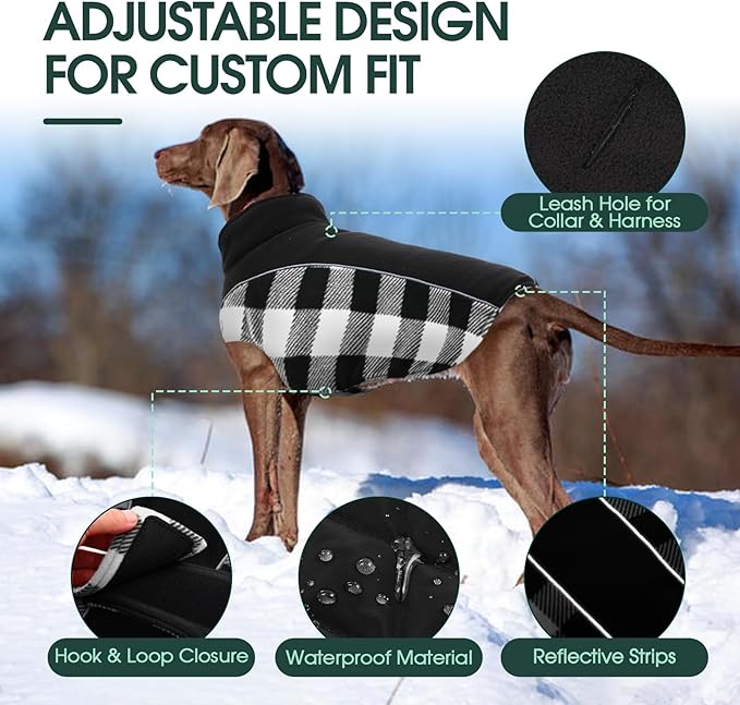 Kuoser Dog Winter Coat, Reversible Waterproof Dog Jacket with Reflective Strip, Warm Dogs Fleece Vest Adjustable Doggy Cold Weather Clothes Plaid Christmas Outfit Pet Apparel for Large Dogs, Black L