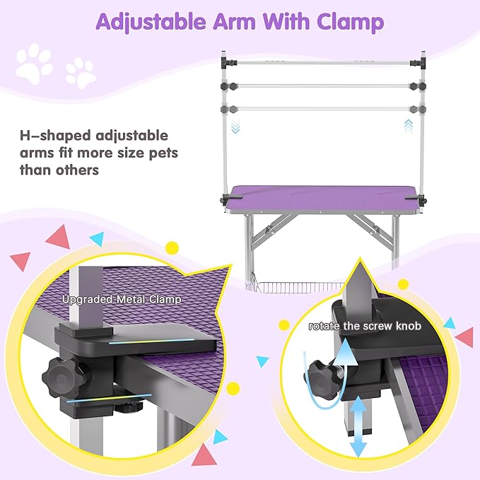 Dog Grooming Table, Adjustable Large Pet Drying Desktop, Foldable Bathing Desk with Arms, Noose, Mesh Tray, Maximum Capacity Up to 330Lb, 42in, Purple