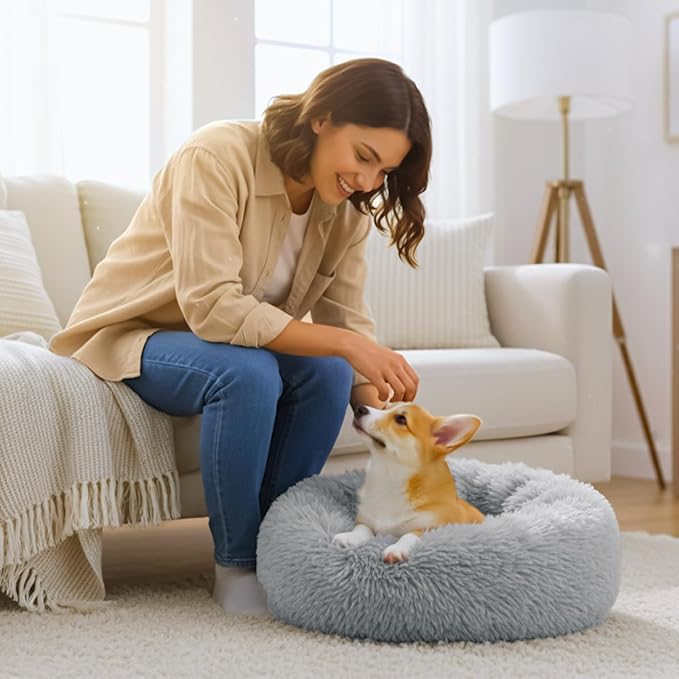 Calming Donut Dog and Cat Bed for Indoor Cats, Anti-Anxiety Round Fluffy Soft Washable Small Medium Pet Bed for Puppy and Kitten, Warming Comfortable Luxury Anti-Slip Waterproof Mute Base 24in Gray