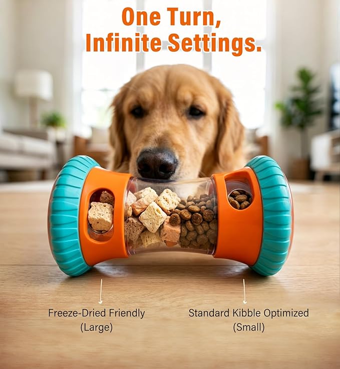 Interactive Dog Puzzle Toy & Slow Feeder-Fully Detachable Dishwasher Safe Treat Dispenser, Stepless Adjustable Dual Ports for Kibble & Freeze-Dried, Whisper-Quiet Rubber Wheels for All Breeds