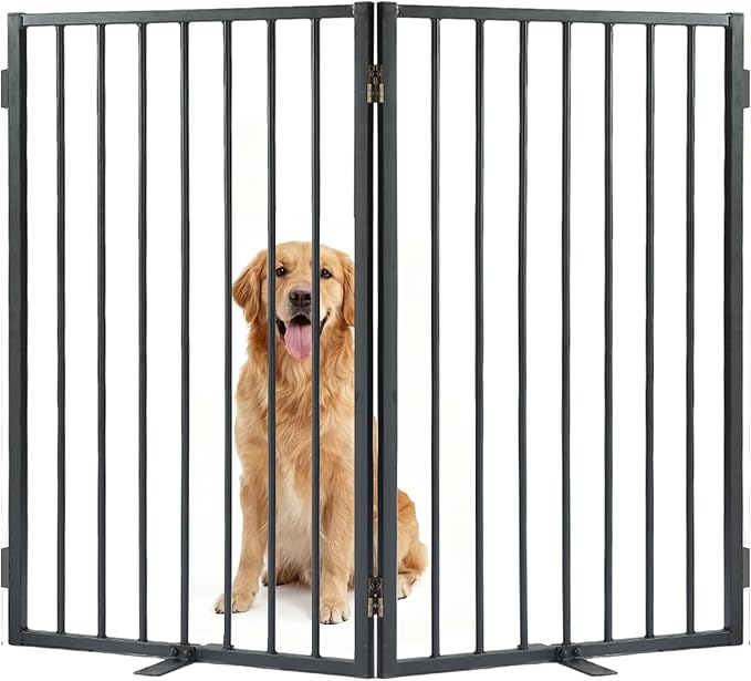 Full Metal Freestanding Dog Gate with Cat Door for Outdoor & Indoor,34" Tall Foldable Pet Fence,40" Extra Wide Free Standing Dog Gate for RV Camping,Stairs,Hallways,Doorways,Deck,Yard (2 Panels,Black)