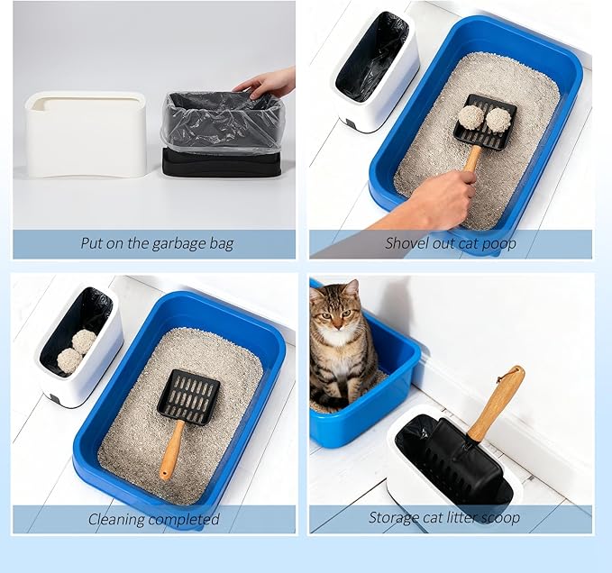 Cat Litter Scoop, Metal Litter Scoop, Heavy Duty Metal Cat Scooper for Litter Box, Black Sifter Scoop for Pellets, Wooden Handle Scoop with Hole, Kitty Necessity (Cat Litter Scoop Short with Holder)