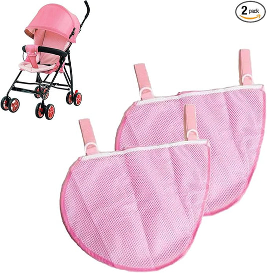 2 Pcs Portable Side Sling Stroller Cargo Net ,Non-Slip and Adjustable Straps Storage Mesh Bag ,Food Storage , Fruit Storage Bag for Baby Stroller Cargo Mesh Cargo Net for Stroller Storage (Pink)