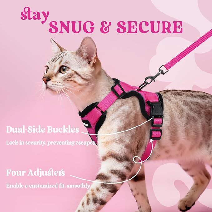 rabbitgoo Cat Harness and Leash Set, Escape Proof Vest Harness for Safe Outdoor Walks, Soft Breathable Adjustable Vest with Reflective Strips for Average to Large Cats, Rose Red, M
