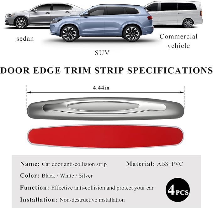 DXNQ 4 PCS Car Door Edge Guards, Anti-Scratch Door Edge Guards Trim Strip with Self Adhesive, Car Door Protector Bumper Guards for Most Cars Trucks SUVs, Exterior Car Accessories (Silver)