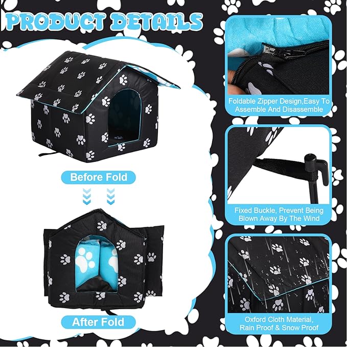 Outdoor Waterproof Cat House Stray Pet Outdoor Houses for Feral Shelter for Cats Dog Collapsible Pet Shelter with Self Warming Pad Blanket, 3 Pcs Tent Stakes(M Size)