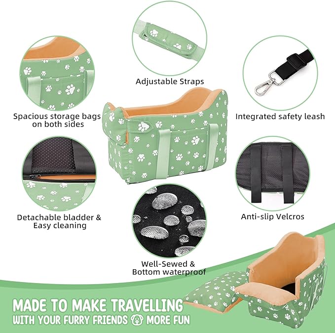 Dog Center Console Car Seat for Small Dogs Under 15lbs,Detachable Washable Booster Pet Car Seat Travel Bed with Storage Pockets and Seat Belt(Green)