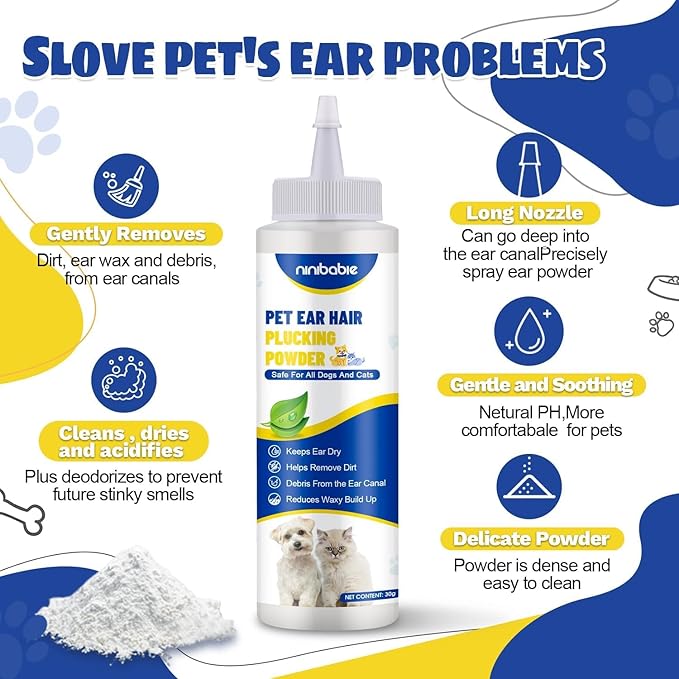 Dog Ear Infection Treatment,Ear Wash for Pets,Effectively Removes Debris, Waxy, Buildup and Ear Odor, Soothes Itchy & Inflamed Ears (Ear Hair Powder 2pcs)