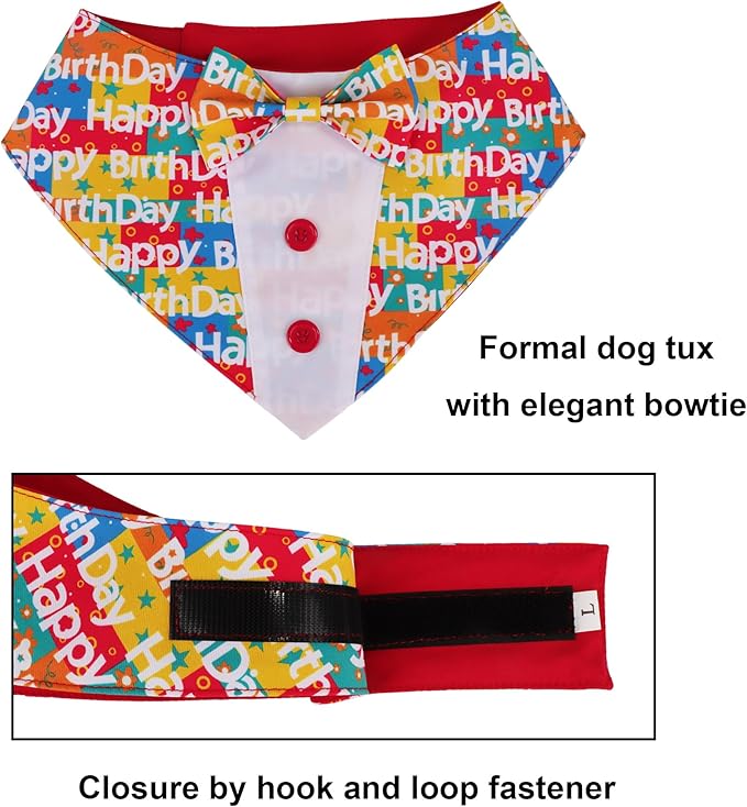 ADOGGYGO Birthday Dog Tuxedo, Adjustable Happy Birthday Print Pet Bowtie Collar Bandana for Large Dogs (L)