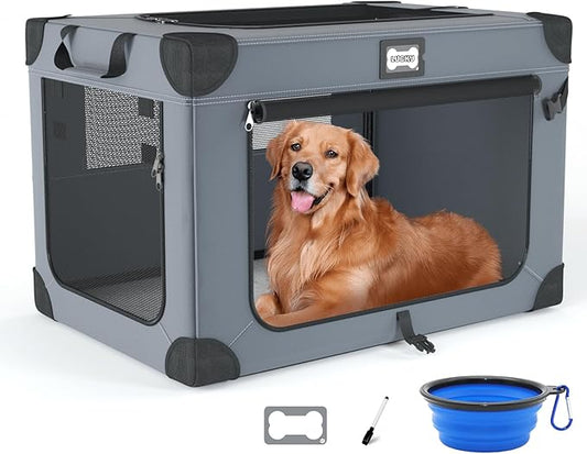 42 Inch Soft Dog Crates, Collapsible Dog Travel Crate for Extra Large Dogs Indoor & Outdoor, 3-Door Foldable Pet Kennel with Mesh Windows, Soft Blanket and Foldable Bowl
