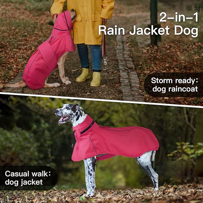 Dog Raincoat Waterproof, Reflective Adjustable Rain Jacket with Leash Hole, Convertible Hood/Collar Rain Coat for Dogs Poncho Breathable Lightweight (Neon Pink, XL)
