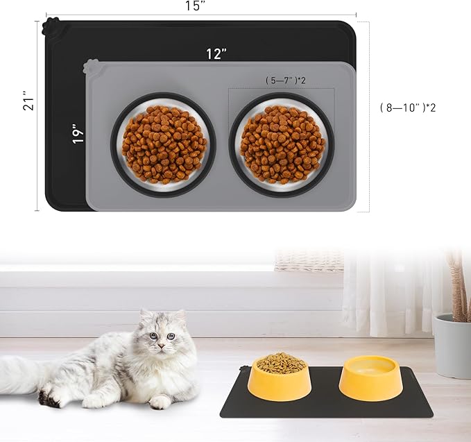 Premium Silicone Dog Food Mat,Dog Bowl mat, Pet Food pad- Anti-Slip Pet Food Mat for Dogs and Cats - Waterproof and Easy to Clean Black-19 * 12IN