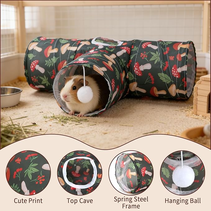 Rypet 3-Way Guinea Pig Tunnel, Collapsible Small Animal Enrichment Toy with Ball, Foldable Rabbit & Hamster Tunnel for Boredom Relief, Washable, Indoor/Outdoor Play