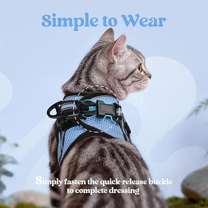 rabbitgoo Cat Harness and Leash, Step-in Escape Proof Kitten Harness Set, Soft Comfortable Cat Vest, Easy to Wear and Adjust, Reflective for Safe Outdoor Walking, Light Blue, X-Large